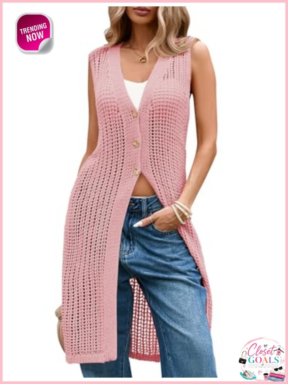 Long Crochet Knit Sleeveless Duster Cardigan Button Front Vest